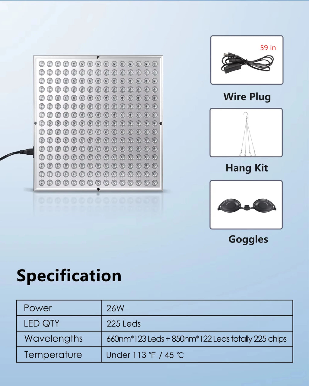LED panel light with specifications on a blue background