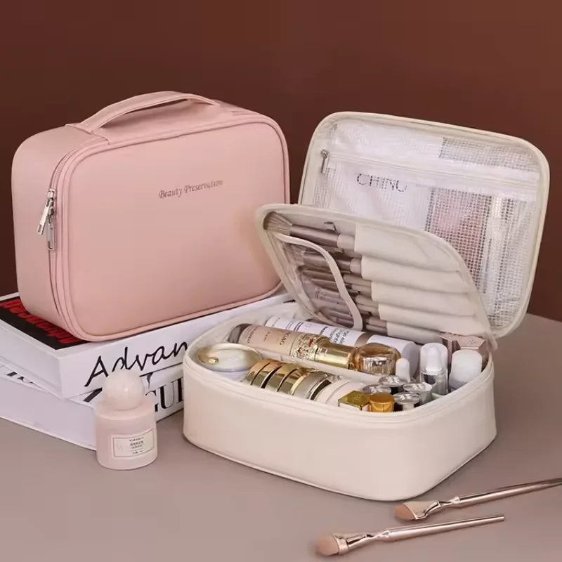 Cosmetic bag with skincare products and makeup tools on a neutral background