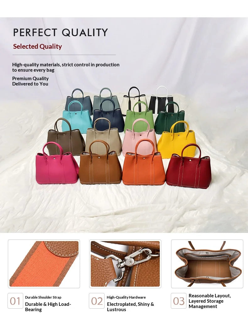 Collection of colorful handbags on a white background with text about product quality.