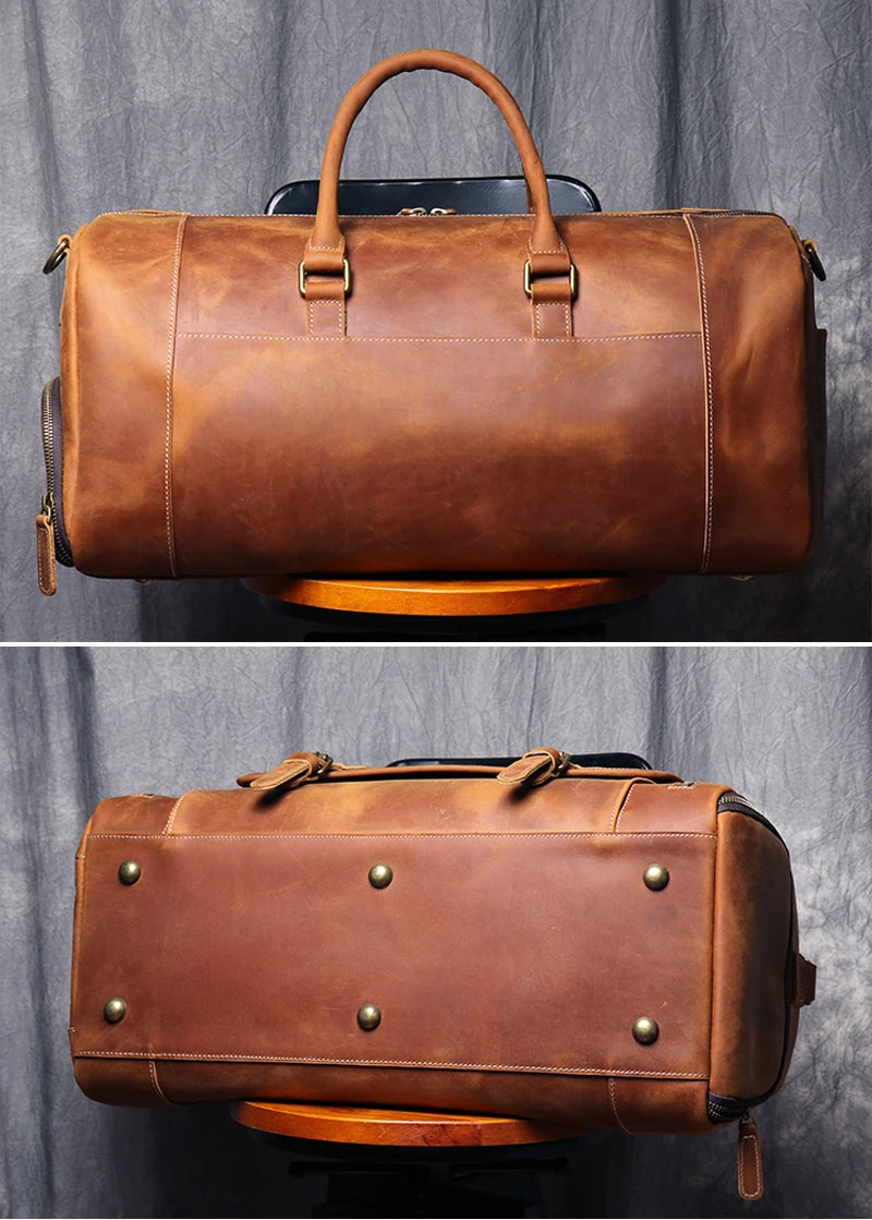 Brown leather duffel bag with gold hardware on a gray background