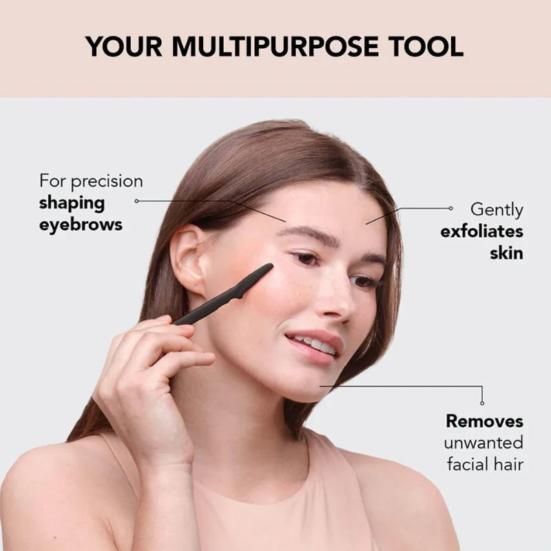 Woman using a tool on her face with text describing its uses