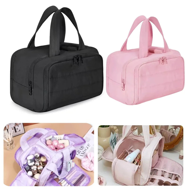 Black and pink cosmetic bags with visible contents on a white background