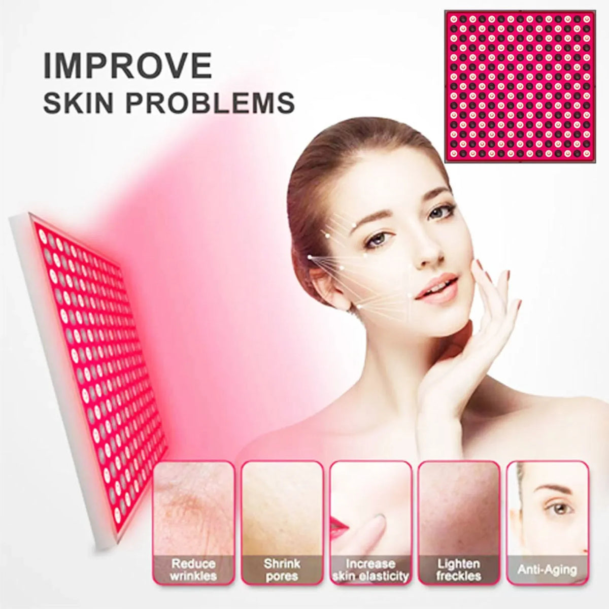 Advertisement for a skincare device with a woman touching her face, text 'Improve Skin Problems', and icons indicating benefits.