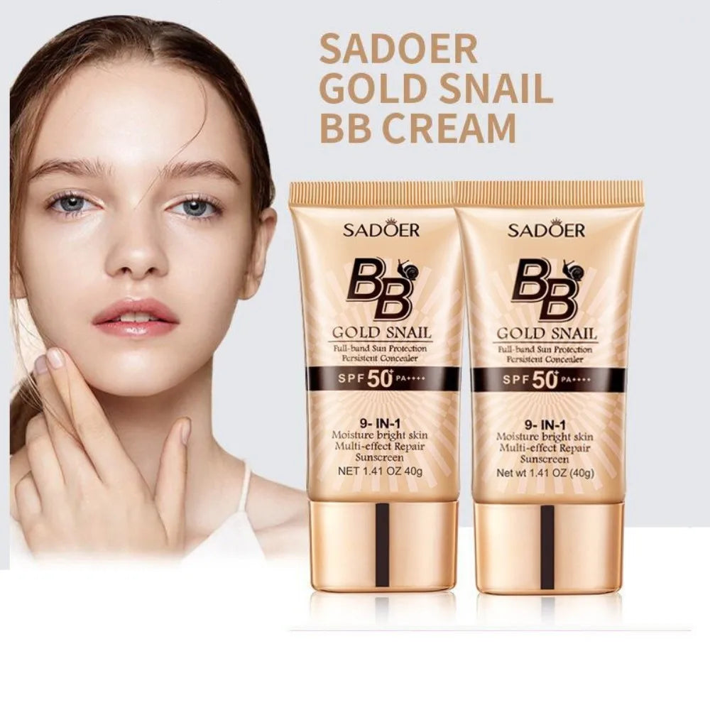 Two tubes of Sadoer Gold Snail BB Cream displayed next to a model's face on a light gray background with product text.