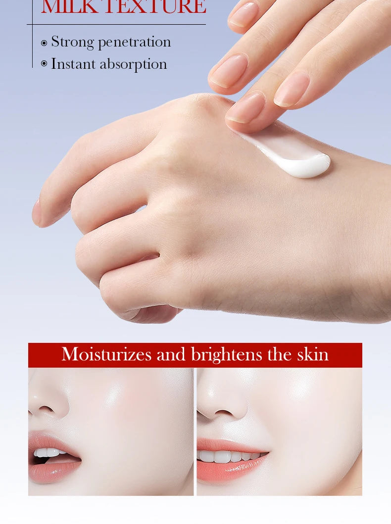 Hand applying cream with text about product benefits on a light blue background