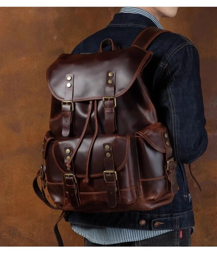 Retro crazy horse leather backpack men's large capacity travel bag fashion trend genuine leather backpack