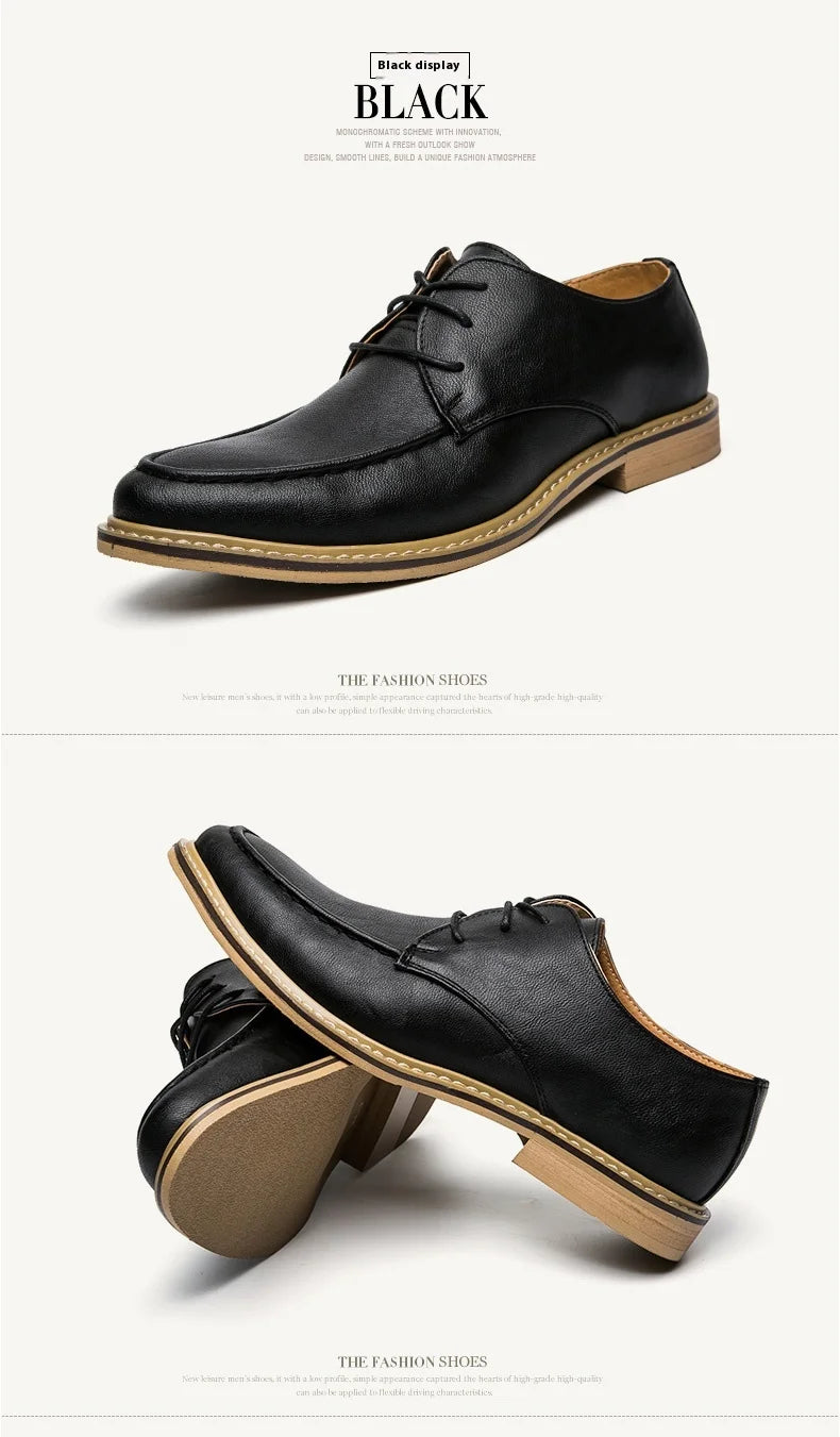 A pair of men's black leather lace-up dress shoes shown from two angles on a light beige background. The top view shows the side profile with a tan sole and heel, while the bottom view shows the sole and heel from the back.