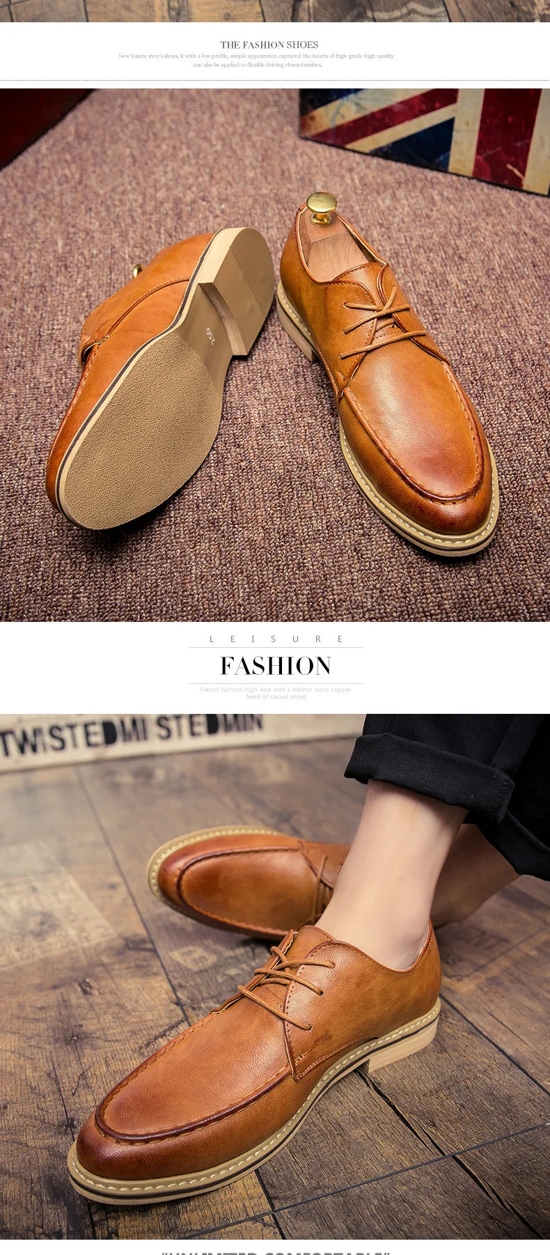 A two-panel product photo showing a pair of men's tan leather lace-up dress shoes. The top panel shows the shoes on a textured brown carpet, displaying the side profile and the outsole.