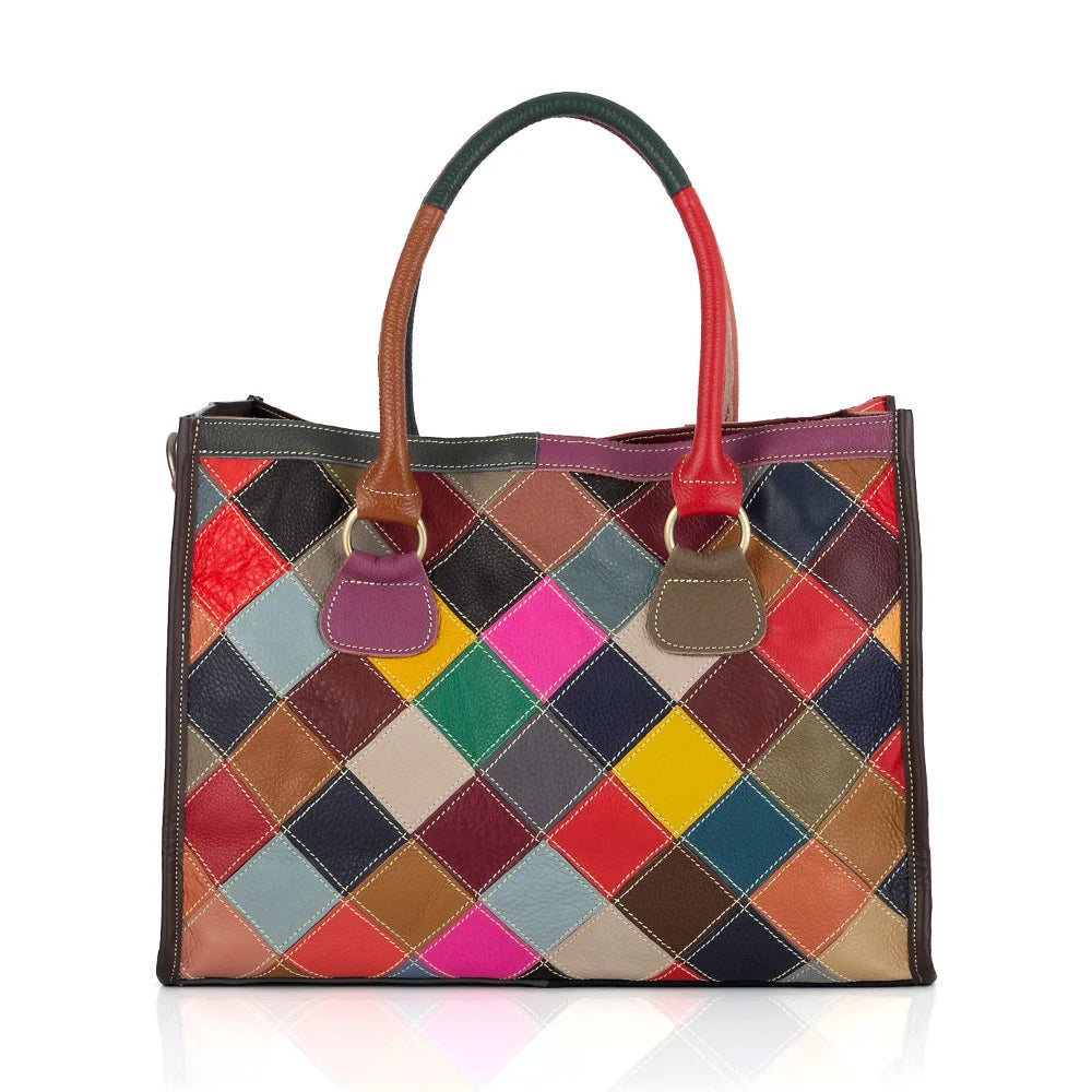Women's Genuine Leather Color-Contrast Tote Bag