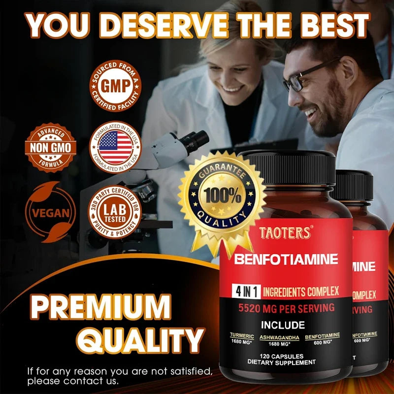 Three bottles of Taoters Benfotamine dietary supplement displayed in front of a lab scene with two scientists looking through a microscope. The image features multiple quality badges on the left, a gold '100% Quality Guarantee' seal in the center, and promotional text overlays reading 'YOU DESERVE THE BEST' and 'PREMIUM QUALITY'.