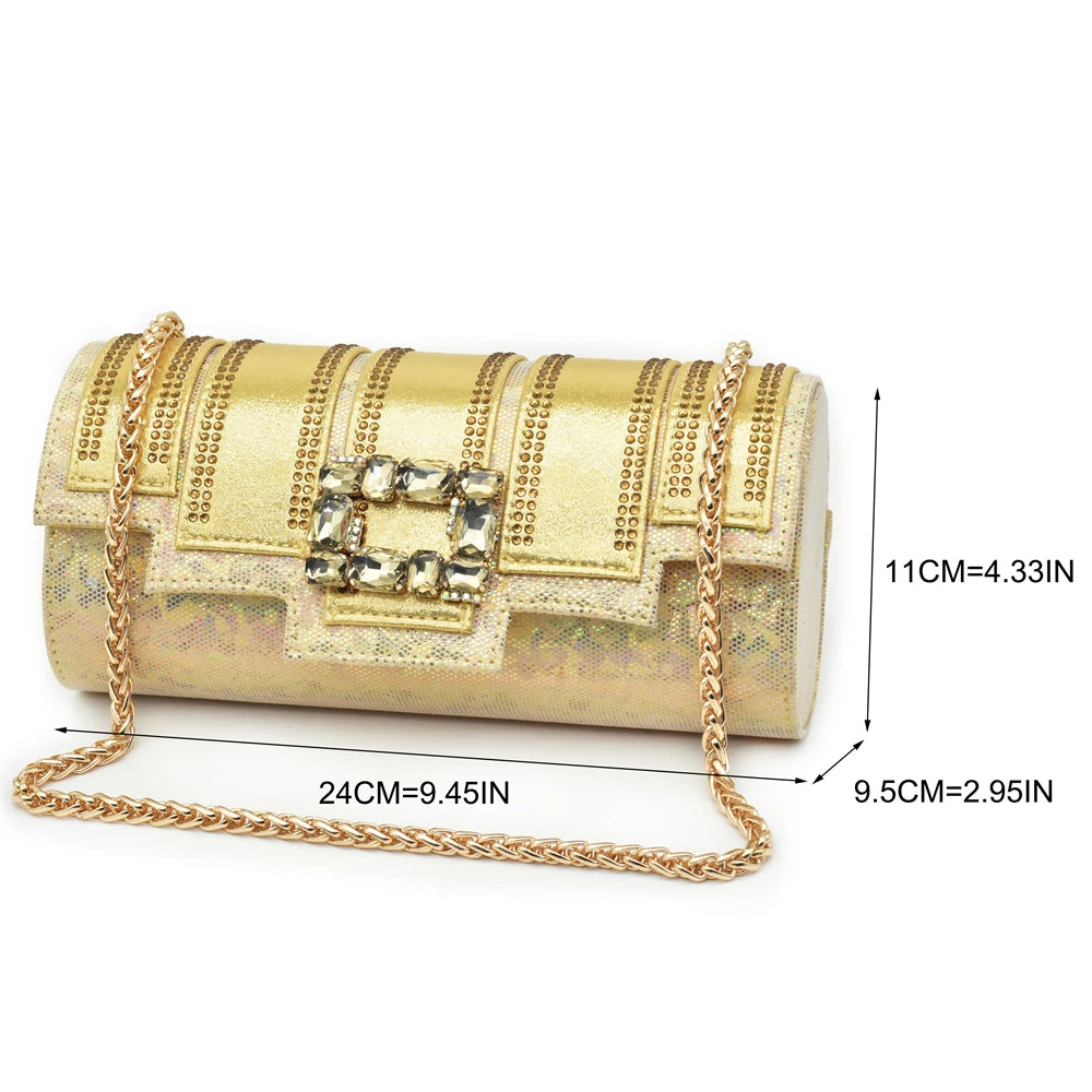 Gold clutch bag with chain strap and measurements on a white background