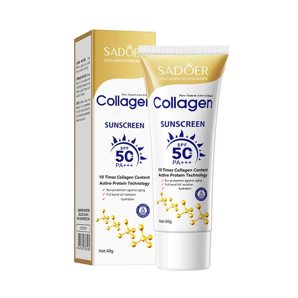 Sadoer Collagen Sunscreen tube and packaging on a white background