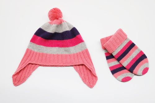 Striped pink, gray, and purple hat with matching mittens on a white background