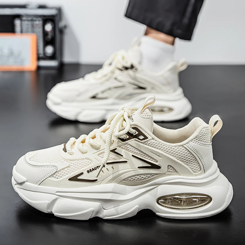 White athletic shoes with brand logo on a dark surface