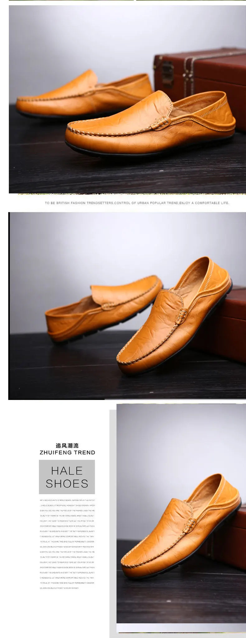 Brown leather shoes displayed on a dark surface with a suitcase in the background.
