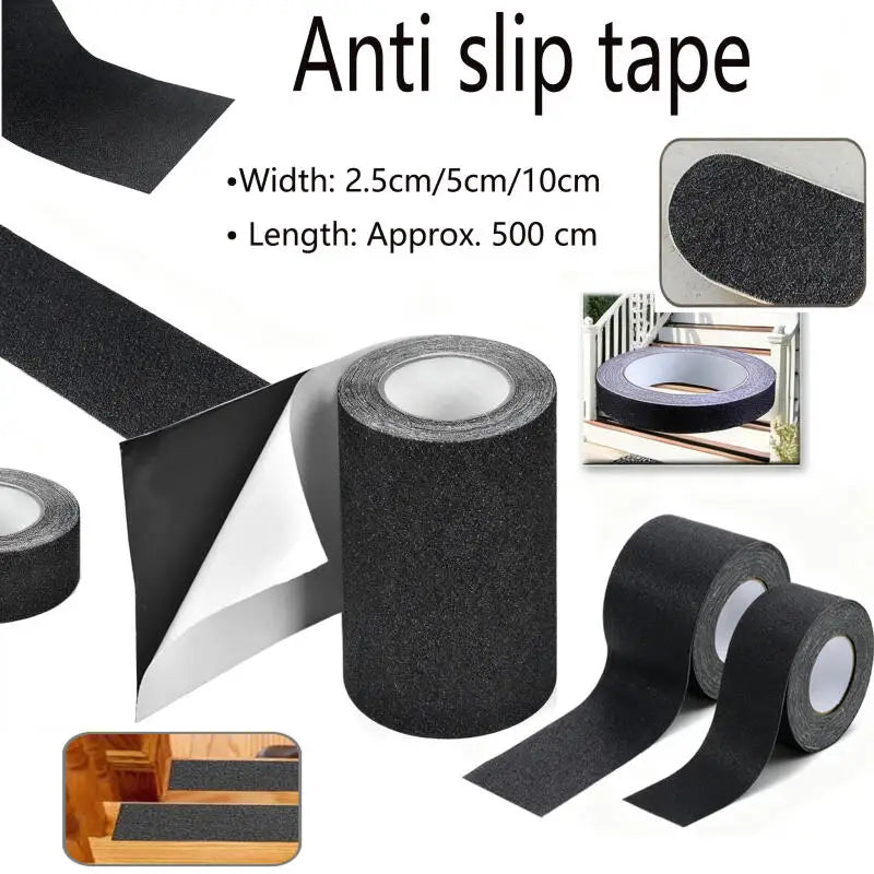 Anti slip black tape rolls and strips shown on a white background with text listing width and length options, plus small inset photos demonstrating use on stairs and a crib.