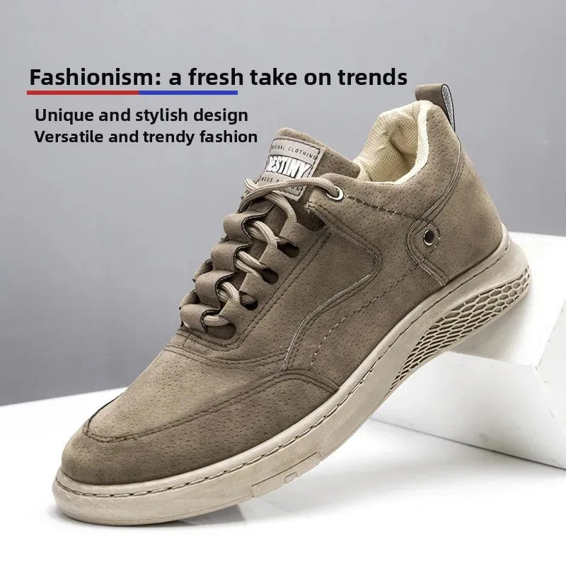 A taupe-brown suede low-top sneaker with beige laces and a cream-colored sole, shown resting on a white block against a gray background with promotional text.
