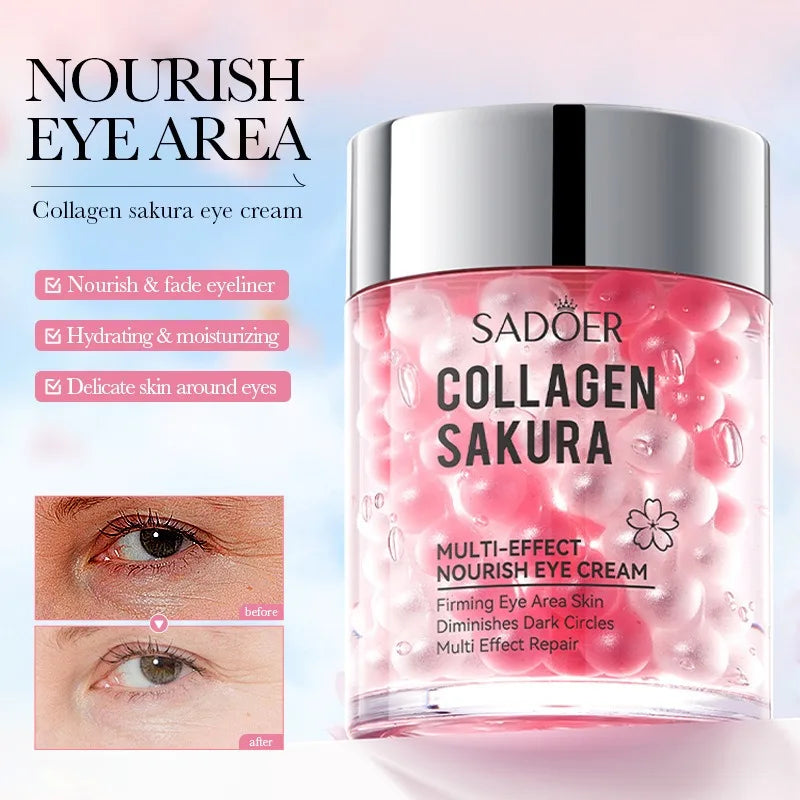 Sadoer Collagen Sakura eye cream jar with before and after effects on eyes.