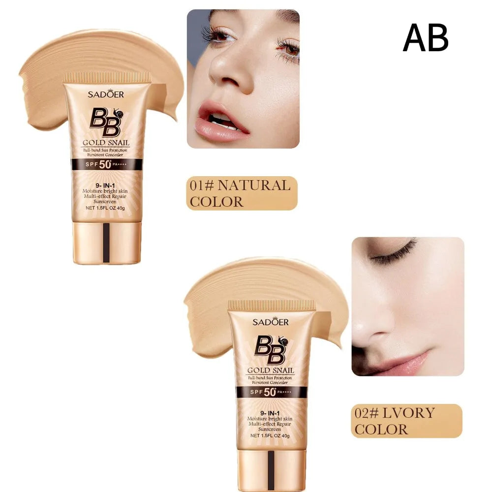 Two tubes of BB cream with application samples and color options on a white background
