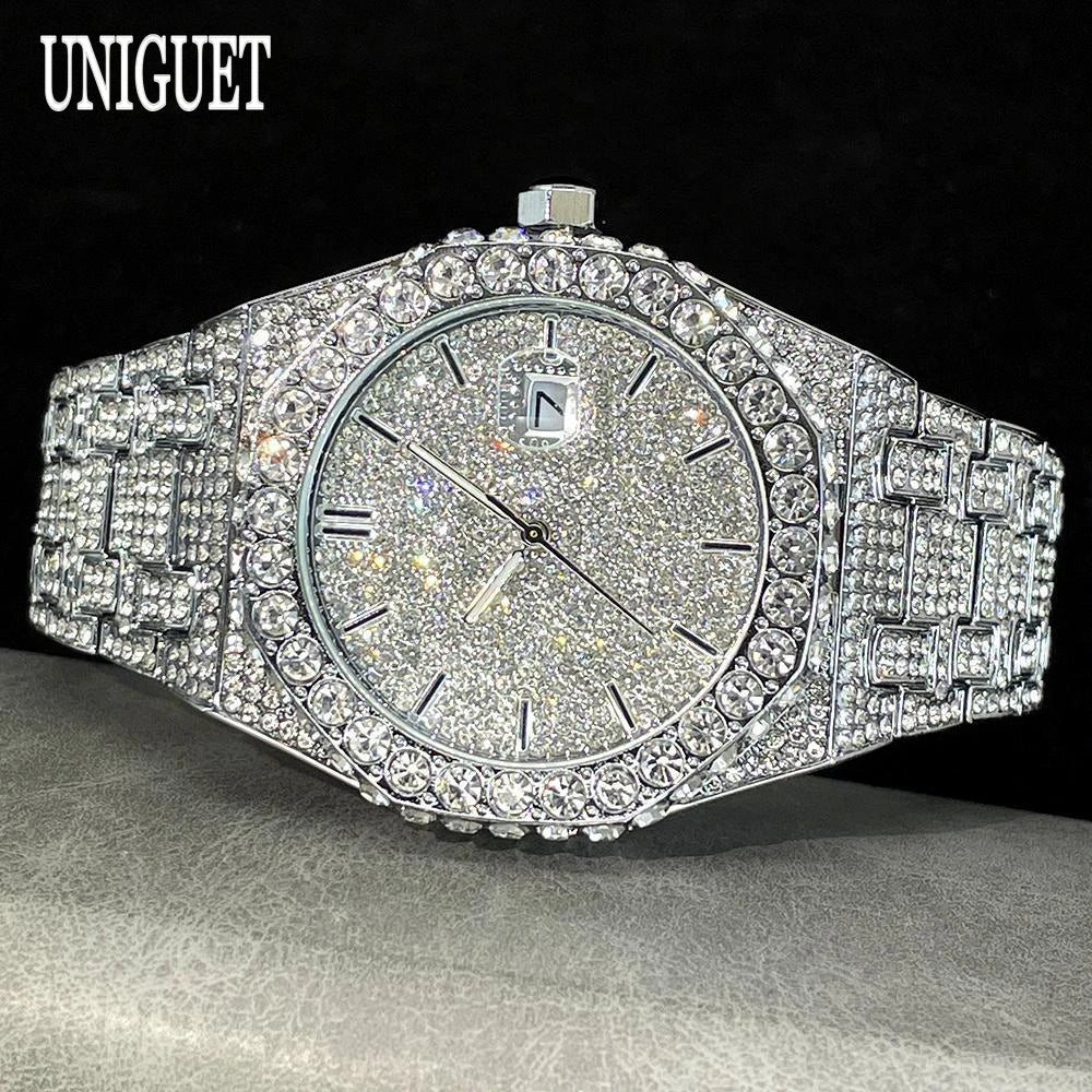 Luxury diamond-encrusted watch with 'UNIGUET' branding on a dark background