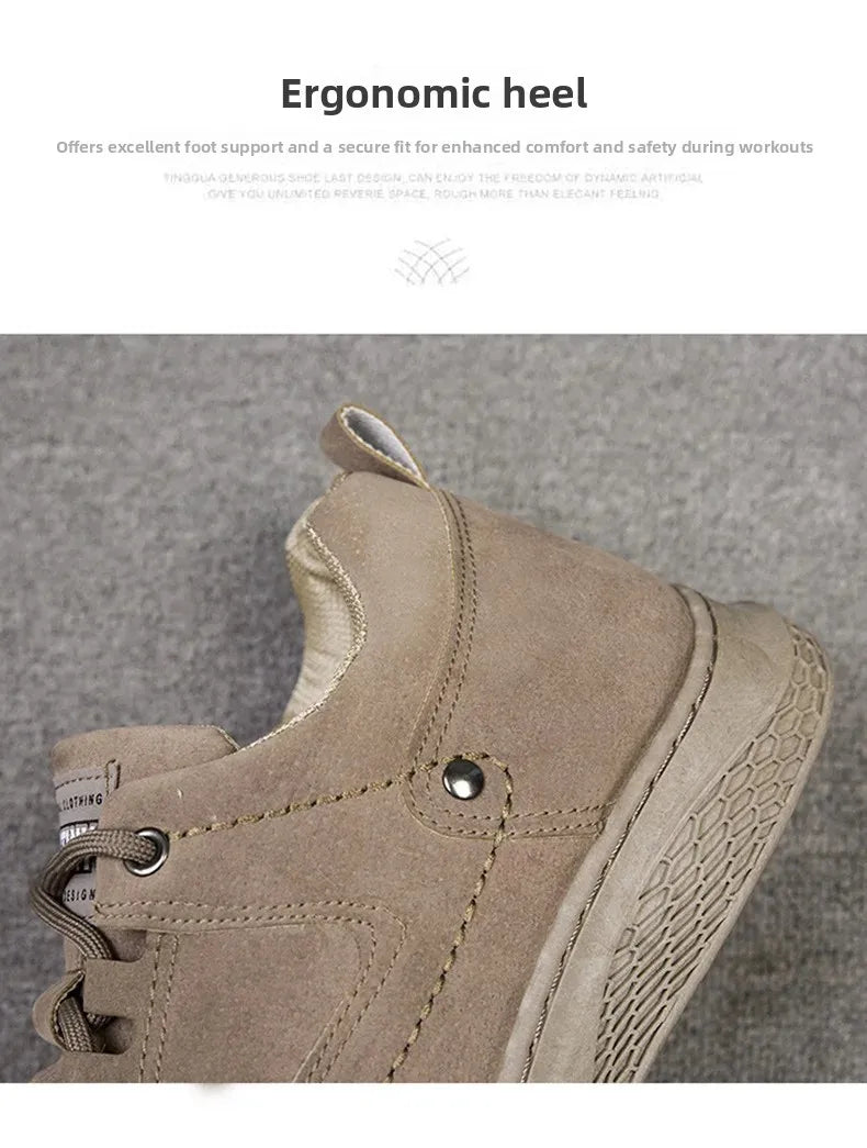 A close-up of a taupe-brown suede high-top shoe showing the heel and side profile, with marketing text above on a white background and a gray textured surface below.