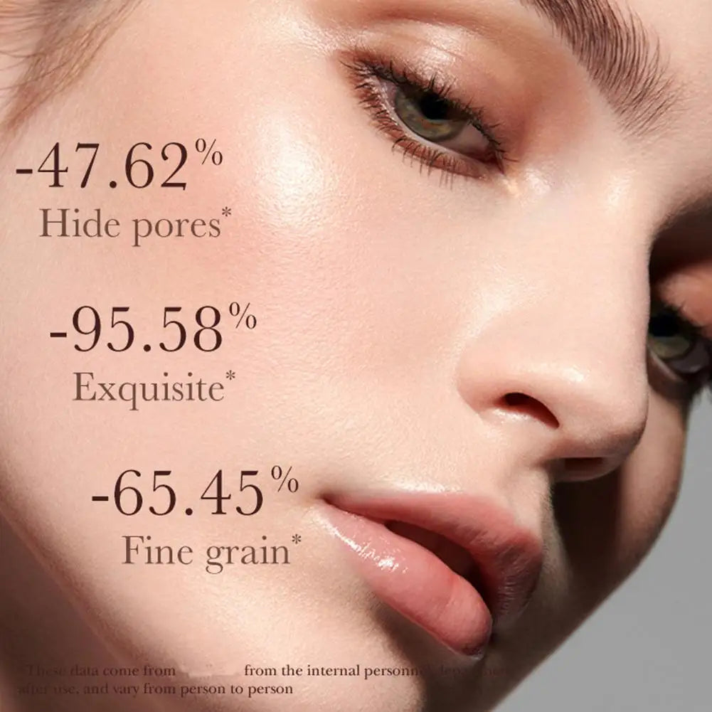 Close-up of a person's face with text indicating skincare benefits
