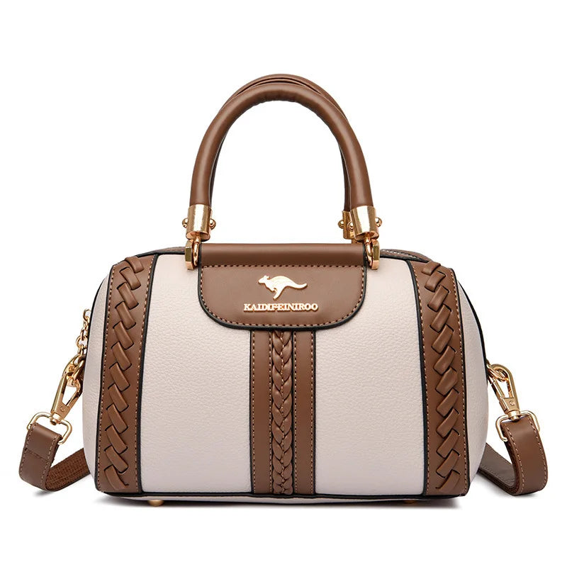 Handbag with brown and white design on a white background