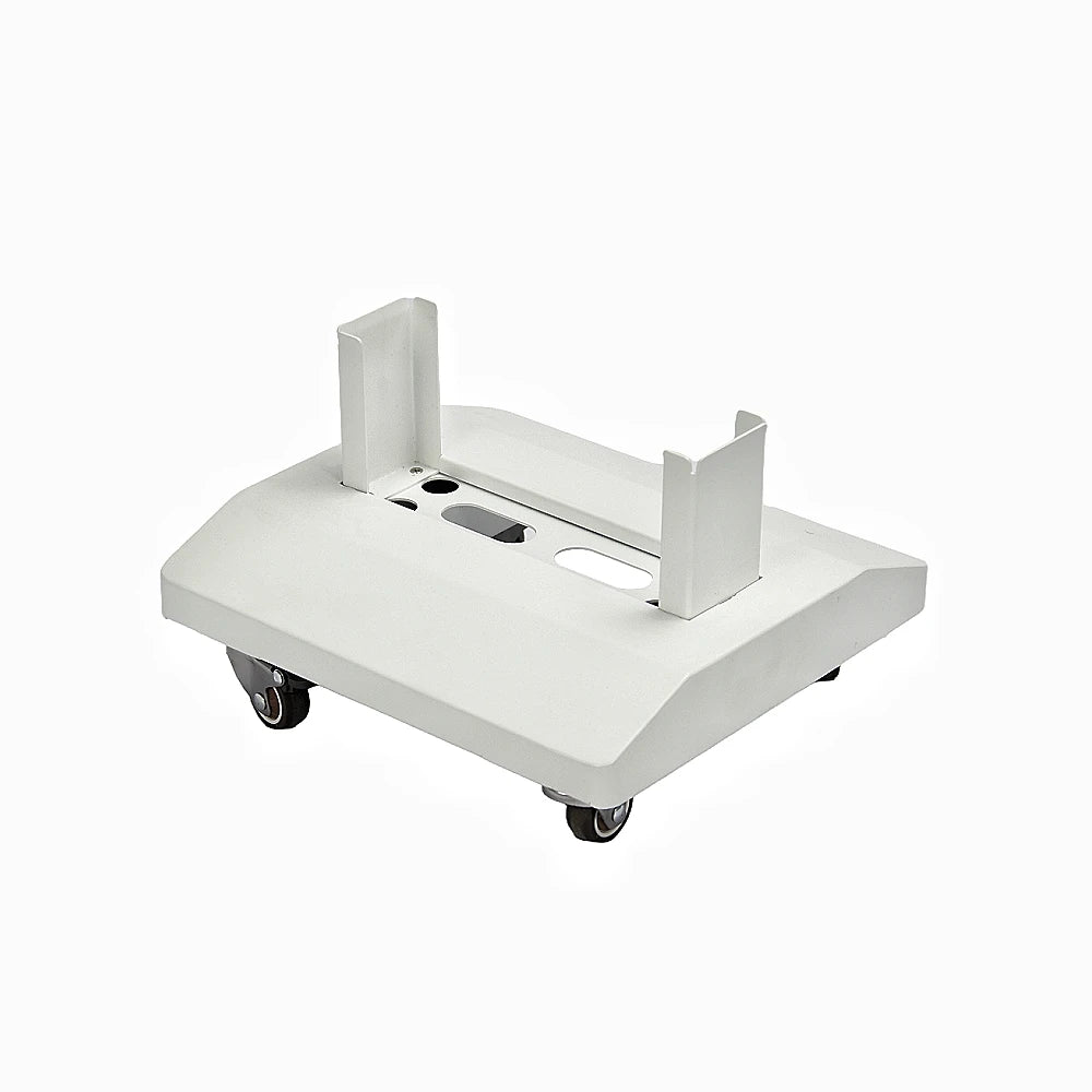 White adjustable stand with wheels on a white background