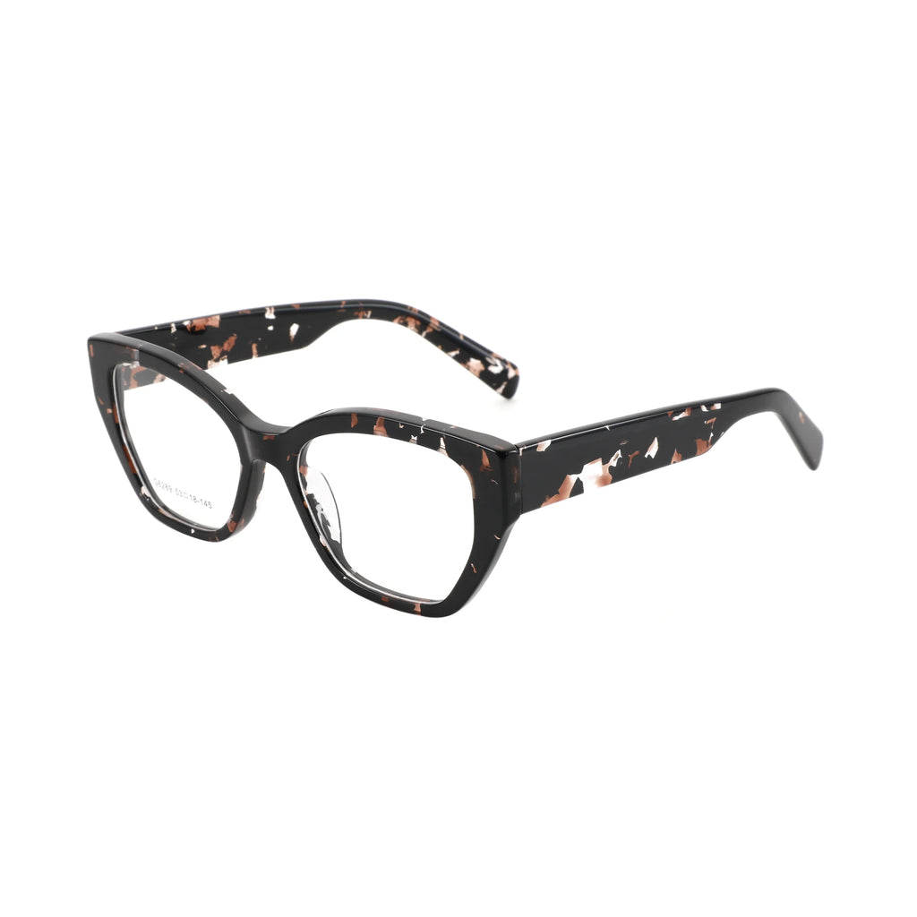 Cat-eye eyeglasses with a black acetate frame featuring a terracotta and white marble pattern, shown on a plain white background.