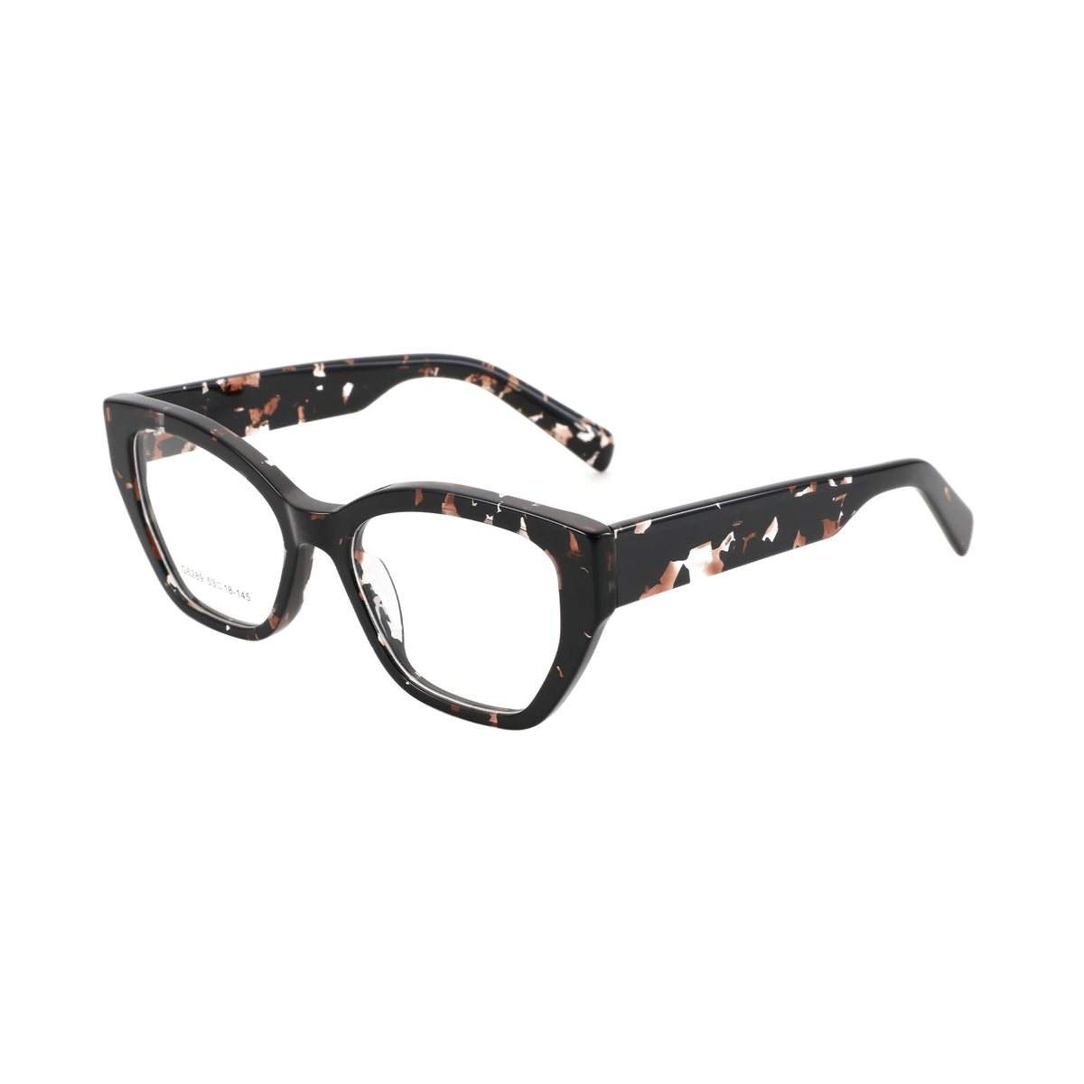 Cat-eye eyeglasses with a black acetate frame featuring a terracotta and white marble pattern, shown on a plain white background.