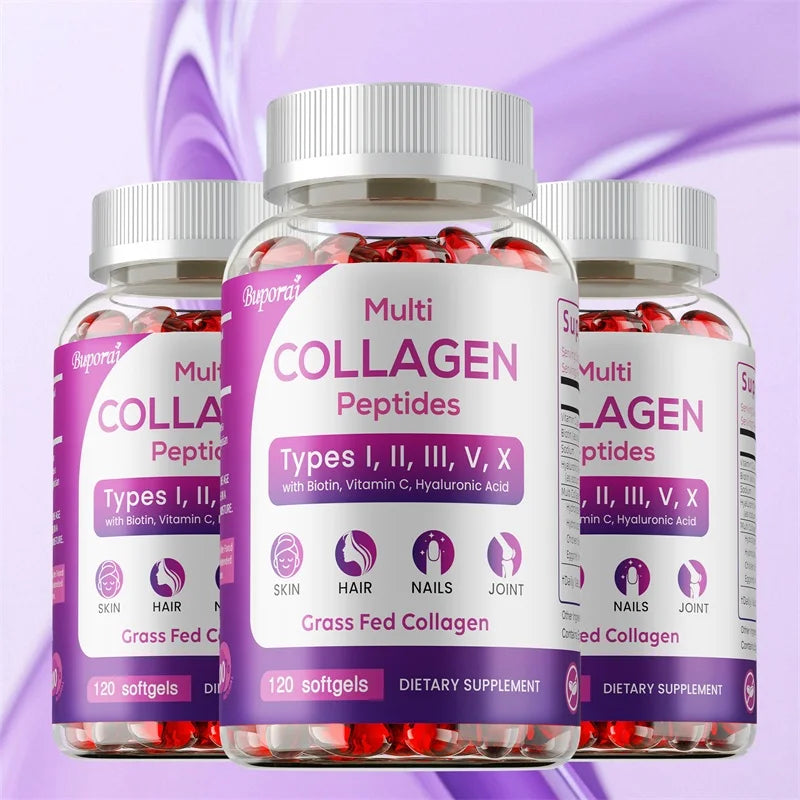 Three bottles of Suporari Multi Collagen Peptides softgels, showing the front and side views of the clear plastic bottles filled with red softgels, set against a purple and lavender background.
