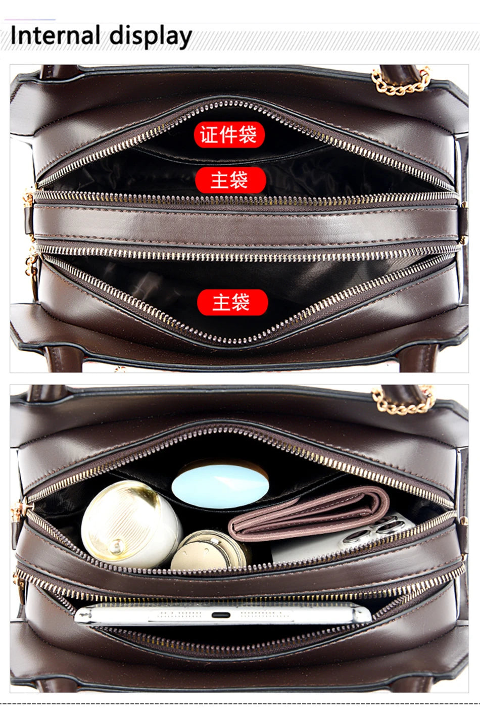 Brown leather bag with multiple compartments and visible contents, labeled 'Internal display'.