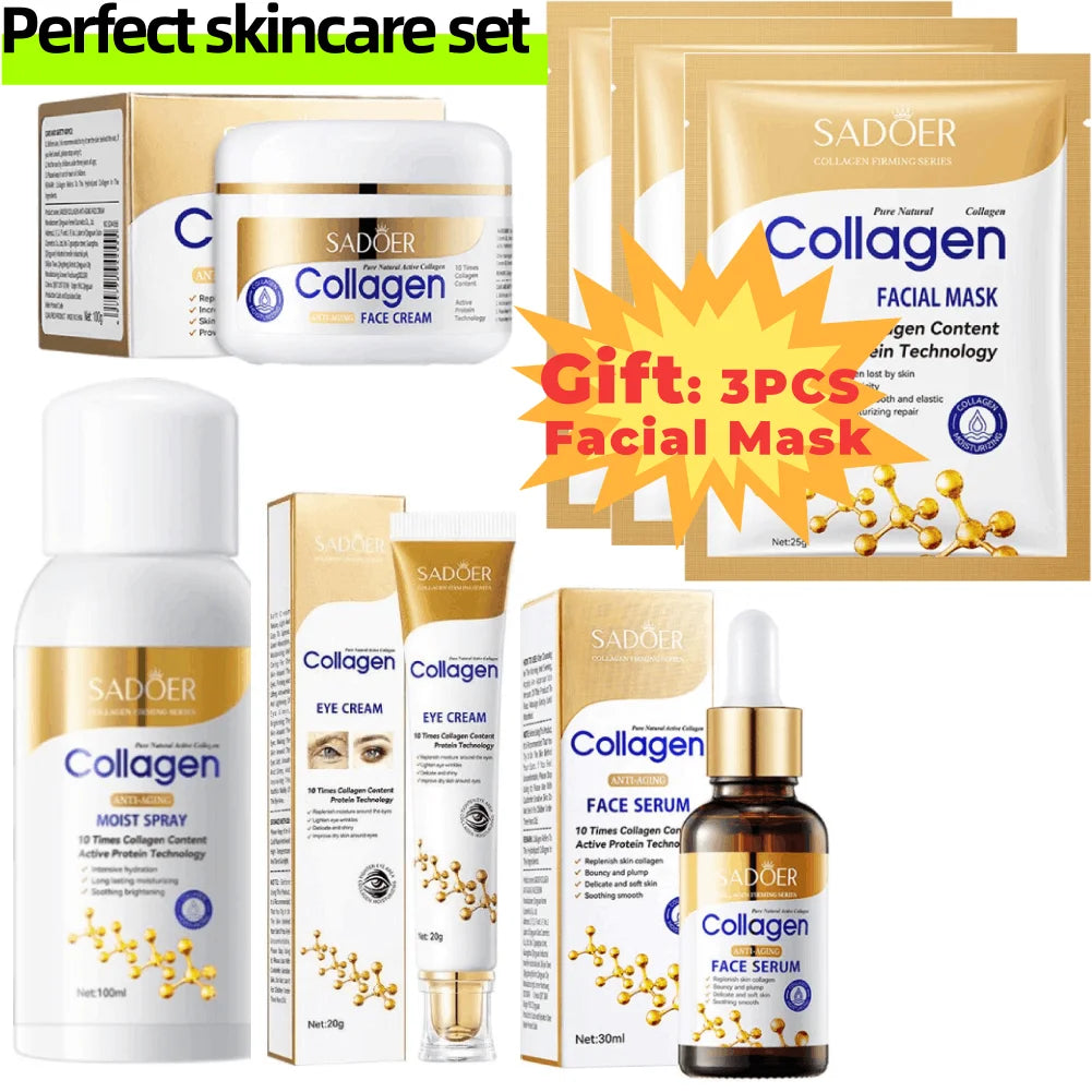 Sadoer Collagen skincare set with cream, serum, eye cream, and facial masks.