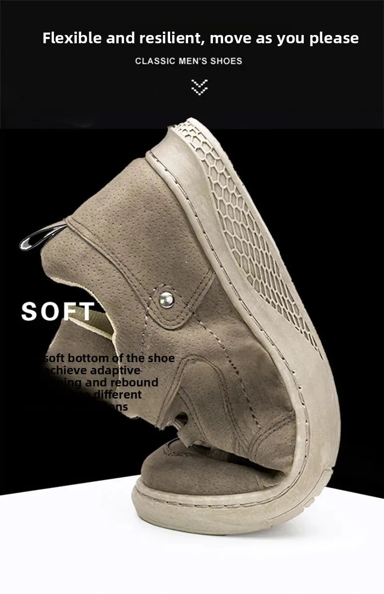A single taupe-brown mid-calf sneaker shown in a dynamic, slightly distorted angle against a black background with white text overlays highlighting flexibility and comfort.