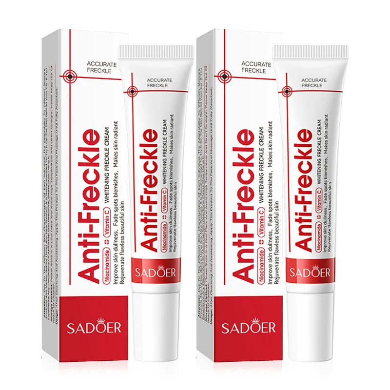 Two tubes and their packaging of Anti-Freckle cream by Sadoer on a white background