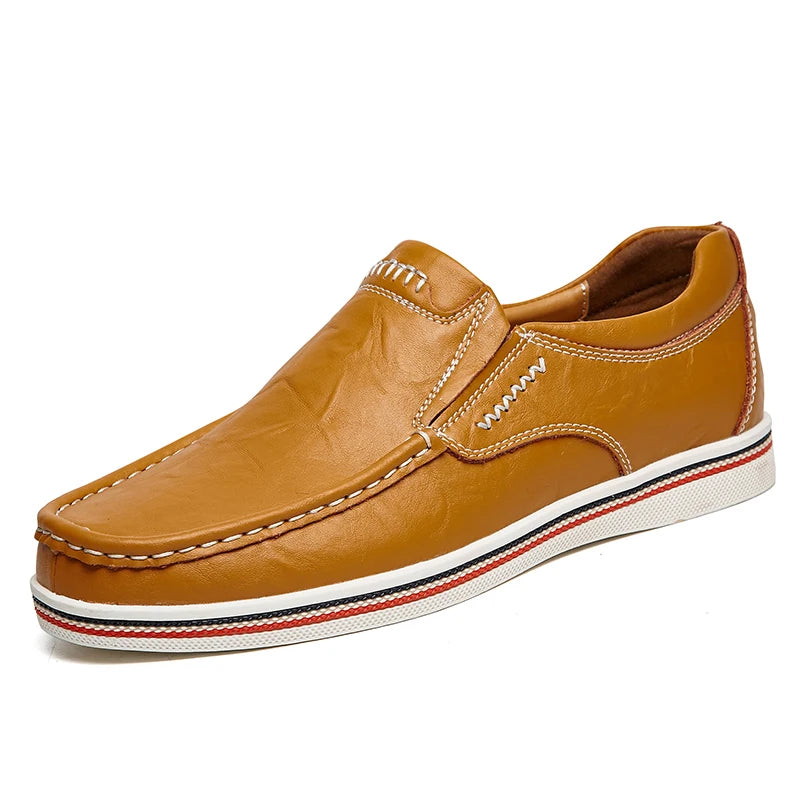 Brown leather shoe with white sole on a white background