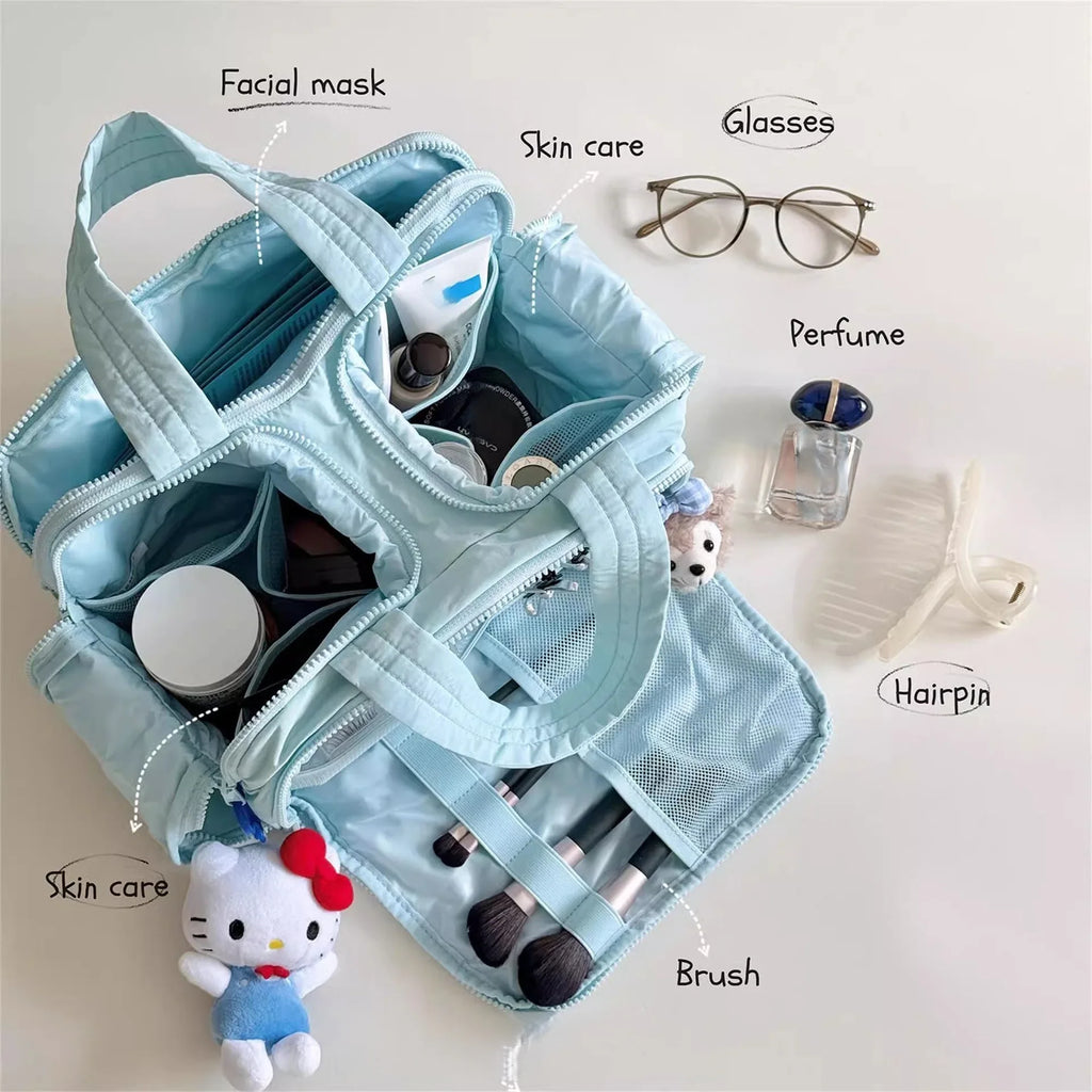 Light blue travel organizer with labeled compartments containing various items on a white background.