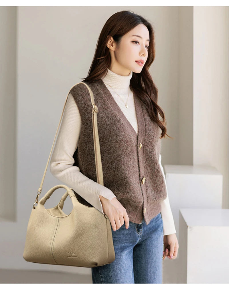 Women's Genuine Leather Bucket Bag with Crossbody Strap