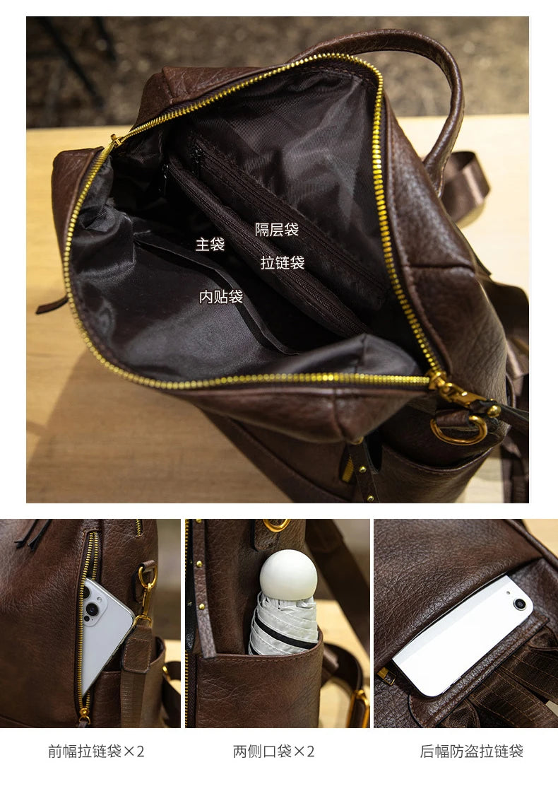 Brown faux-leather handbag shown open with interior compartments and three smaller detail views below, including a phone pocket, side pockets, and a back security pocket. The image includes Chinese text labels pointing to compartments.