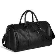 Black leather duffel bag with a strap on a white background