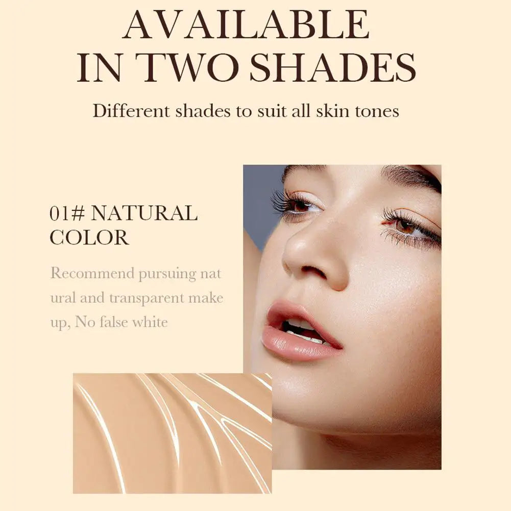 Product description with a close-up of a person's face and text about two shades available.