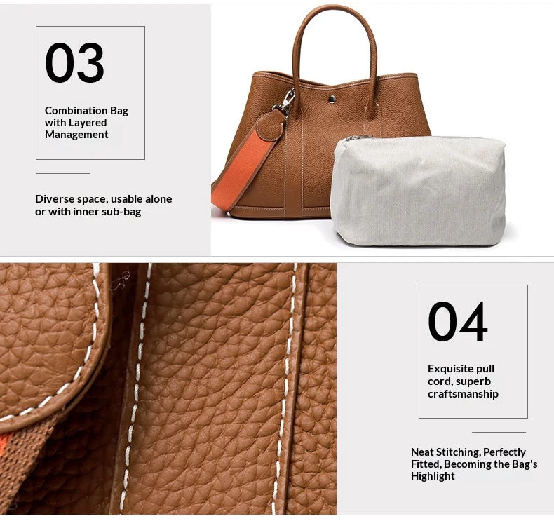 Brown leather handbag with white pouch and stitching details on a white background