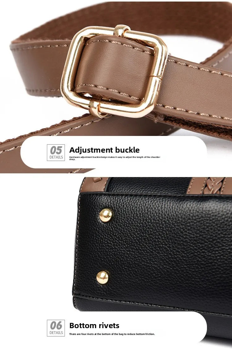 Close-up product details of a brown leather belt with a gold-tone rectangular buckle, shown with text labels for 'Adjustment buckle' and 'Bottom rivets' on a white background.