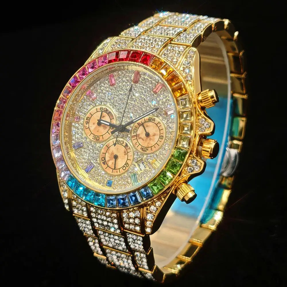 Luxury watch with colorful gemstones on a black background