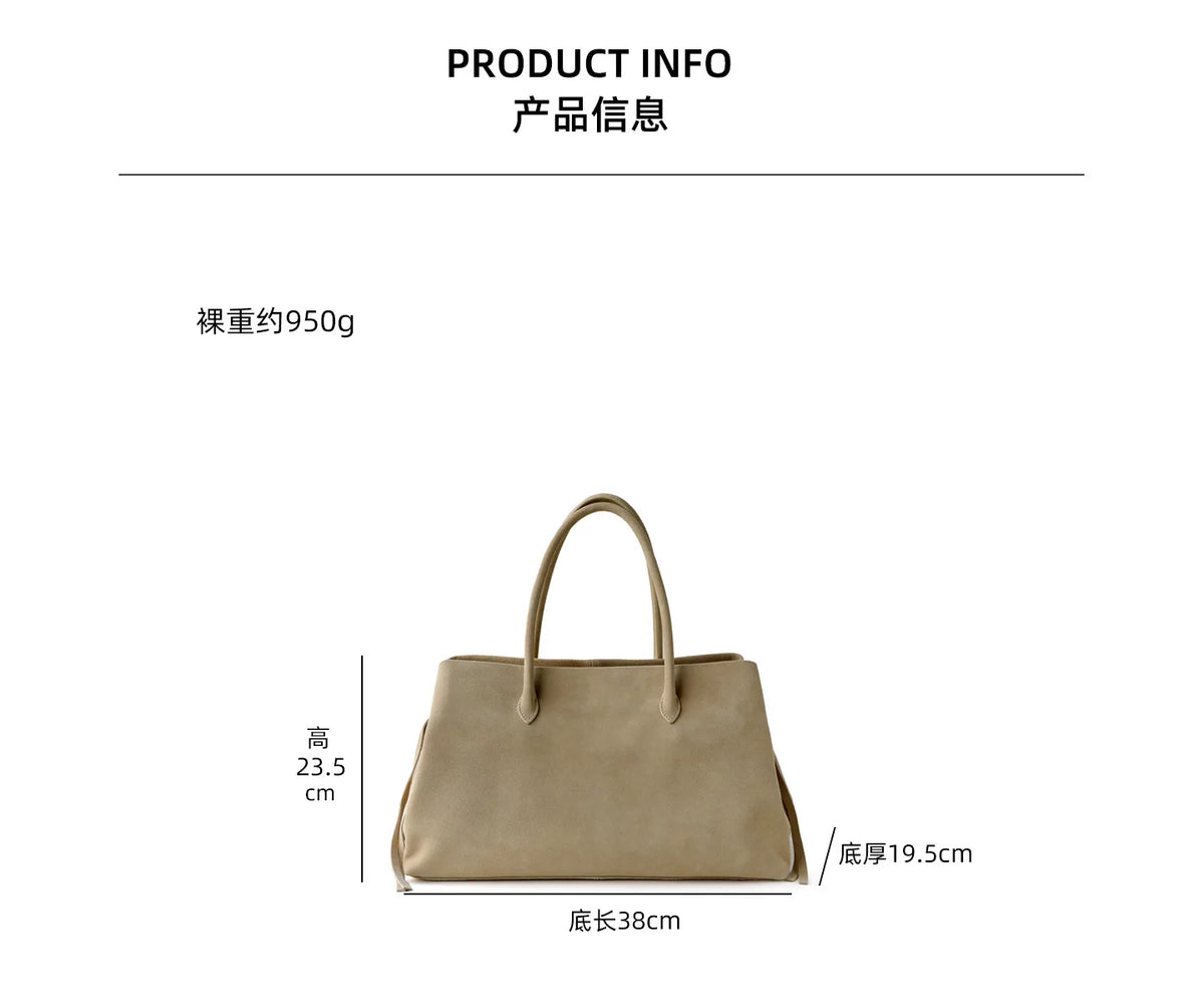 Beige handbag with dimensions on a white background