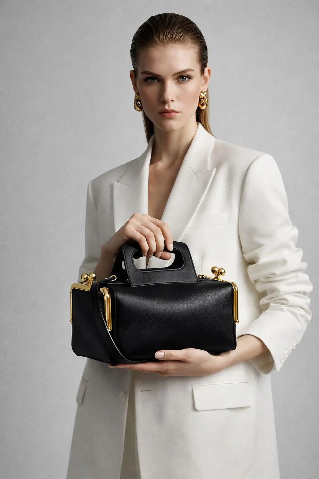 Woman holding a black handbag against a gray background