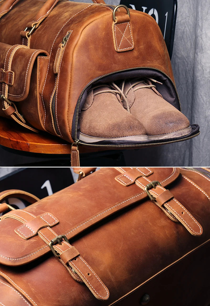 Brown leather duffel bag with a pair of shoes inside, displayed against a neutral background.