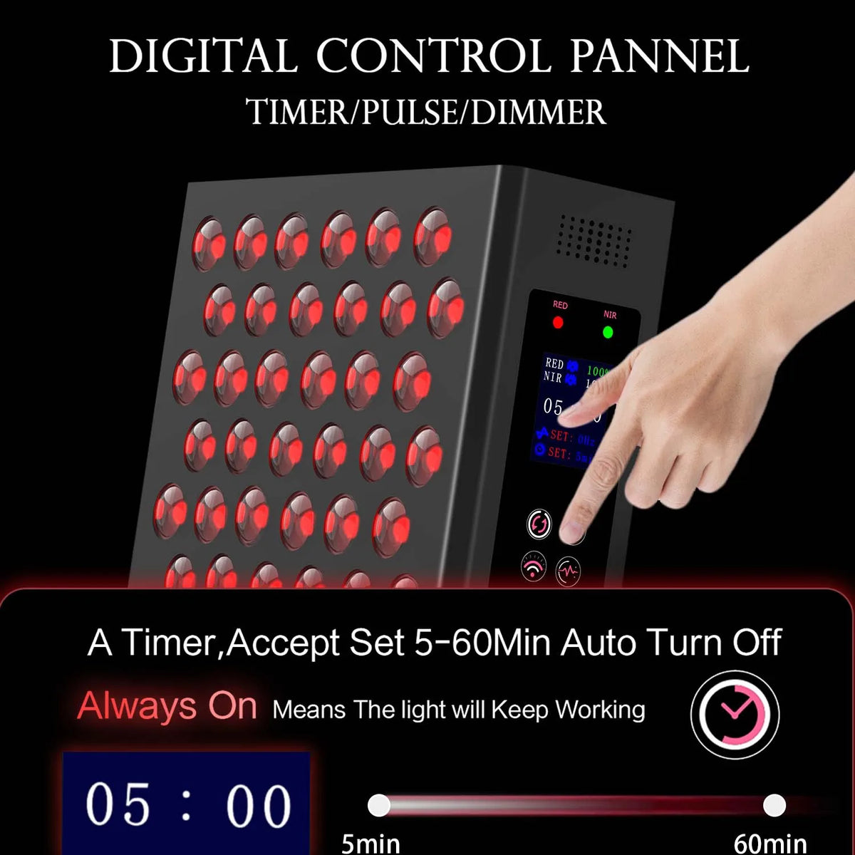 Digital control panel with red lights and a hand pressing a button on a black background