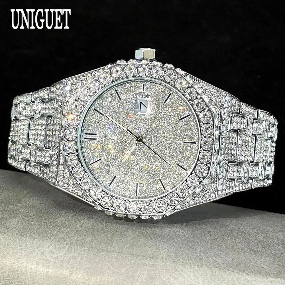 Luxury diamond-encrusted watch with 'UNIGUET' branding on a dark background