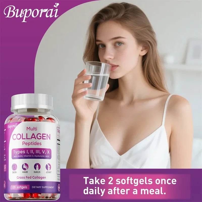 Woman holding a glass of water next to a bottle of Buporai Multi Collagen Peptides with promotional text.